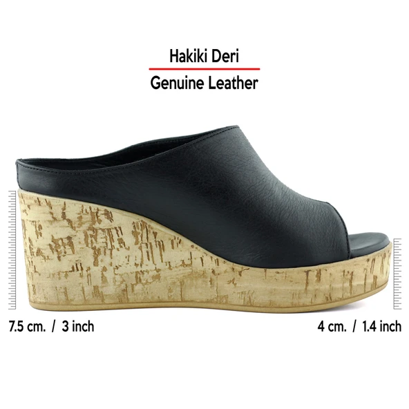 Erkan Saçmacı Drusilla Siyah Hakiki Deri Kesik Detaylı Mantar Taban Görünümlü Dolgu Topuklu Terlik - 2