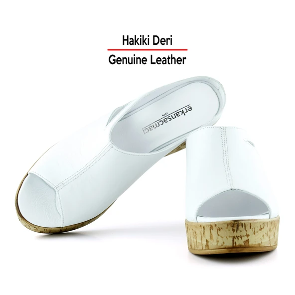 Erkan Saçmacı Drusilla Beyaz Hakiki Deri Kesik Detaylı Mantar Taban Görünümlü Dolgu Topuklu Terlik - 4