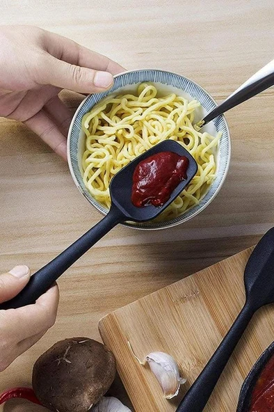 Kaşık Spatula, Isıya Dayanıklı Yanmaz Yapışmaz Tek Parça Silikon Kaşık Spatula 27cm Siyah - 4