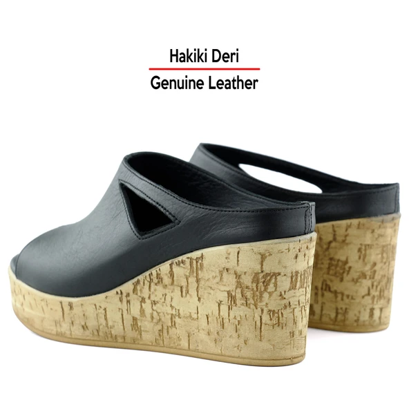 Erkan Saçmacı Drusilla Siyah Hakiki Deri Kesik Detaylı Mantar Taban Görünümlü Dolgu Topuklu Terlik - 5