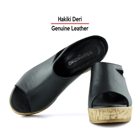 Erkan Saçmacı Drusilla Siyah Hakiki Deri Kesik Detaylı Mantar Taban Görünümlü Dolgu Topuklu Terlik - 4