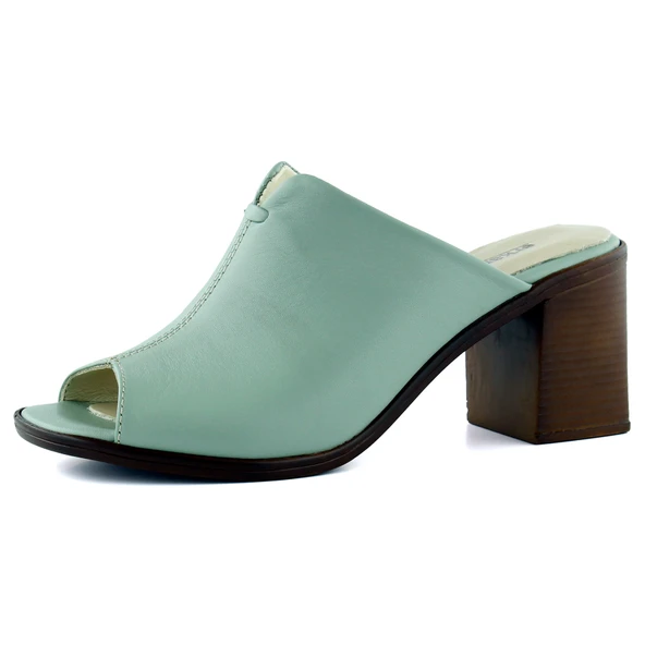 Erkan Saçmacı Valery Yeşil Hakiki Dana Derisi Önü Açık Kalın Topuklu Terlik