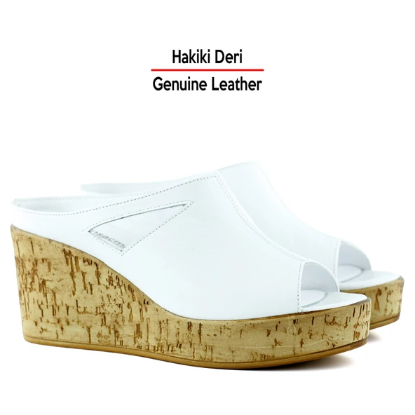 Erkan Saçmacı Drusilla Beyaz Hakiki Deri Kesik Detaylı Mantar Taban Görünümlü Dolgu Topuklu Terlik - 3