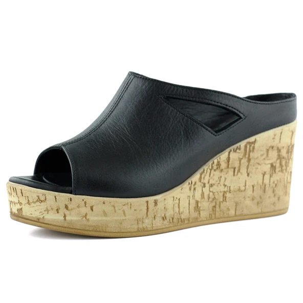 Erkan Saçmacı Drusilla Siyah Hakiki Deri Kesik Detaylı Mantar Taban Görünümlü Dolgu Topuklu Terlik