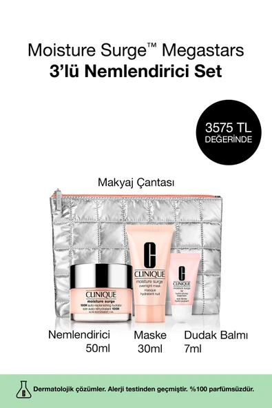 CLİNİQUE Moisture Surge™ Megastars 3 Ürünlü Nemlendirici Seti - Yüz Kremi 50ml, Maske 30ml, Balm 7ml, Çanta