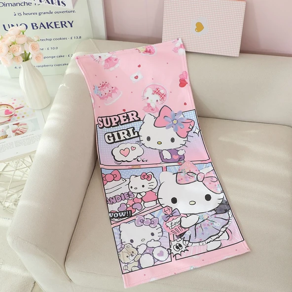 390 GSM Flanel Çizgili Küçük Banyo Havlusu - KT Kedi 75x35cm
