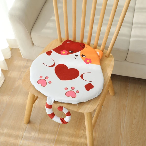 Kedi Şeklinde Peluş Minder - Turuncu Kırmızı - 36cm