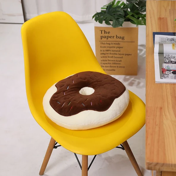 Donut Peluş Minder Yastık - Beyaz+Kahve - 40cm