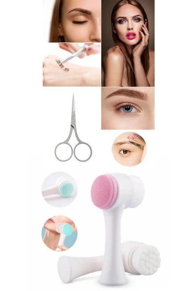 QNİAY Cilt Temizleme Fırçası + Kaş Makası Yüz Makyaj Temizleme Cilt Bakım Seti