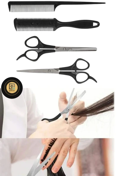 QNİAY Krepe Tarak Makas Seti 4 Parça Ara Makas-Düz Makas-Jiletli Tarak-Krepe Tarağı - 4