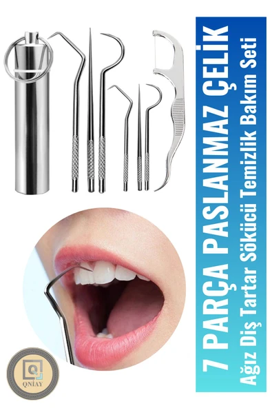 QNİAY Paslanmaz Çelik 7 Parça Metal Kutulu Protez Diş Tartar Temizleme Dental Ağız Bakım Set - Resim 3