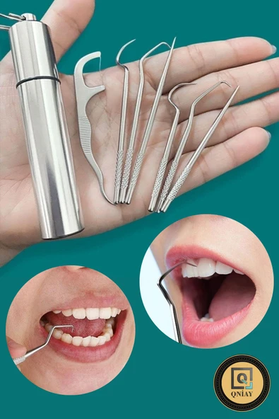 QNİAY Paslanmaz Çelik 7 Parça Metal Kutulu Protez Diş Tartar Temizleme Dental Ağız Bakım Set - Resim 2
