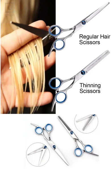 QNİAY Profesyonel Titanium Blue Kuaför Berber 6.5 inç 17 cm Saç Kesim Düz ve Ara Makas Seti - Resim 4