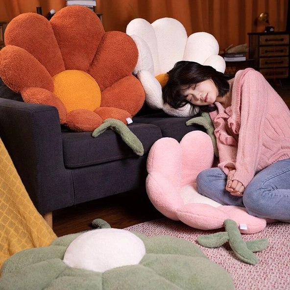 Çiçek Desenli Peluş Minder - Suni Tavşan Tüyü - Pembe - 62x65cm - 12