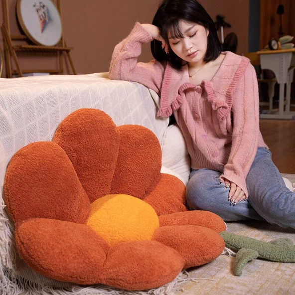 Çiçek Desenli Peluş Minder - Suni Tavşan Tüyü - Pembe - 62x65cm - 10