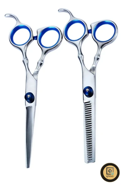 QNİAY Profesyonel Düz ve Ara Makas Set Kuaför Makas Berber Seti Gri-Mavi Saç inceltme Kesim Hair - 5
