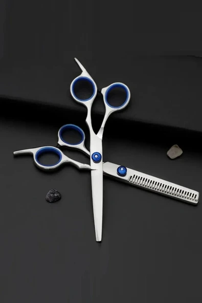 QNİAY Profesyonel Titanium Blue Kuaför Berber 6.5 inç 17 cm Saç Kesim Düz ve Ara Makas Seti ürün görseli 1