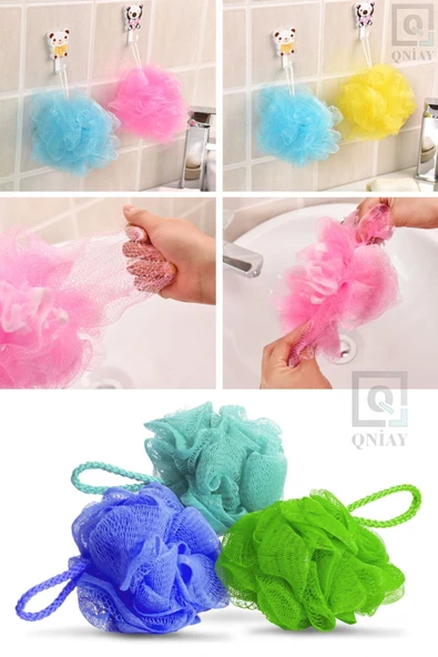 QNİAY Duş Lifi Yumuşak Örgü Köpük Sünger Kabarcık Topu (1adet) Vücut Cilt Temizleyici Kese Peeling Banyo