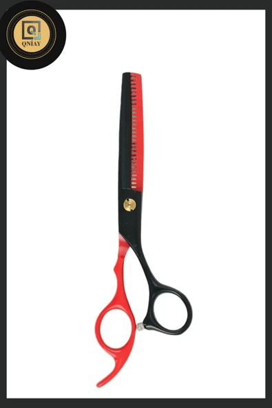 QNİAY 5 Parça Deri Taşıma Çantalı Red-Black Ara ve Düz Makas Seti 6.5 inç Berber Prof Kuaför Kesim Seti - Resim 4