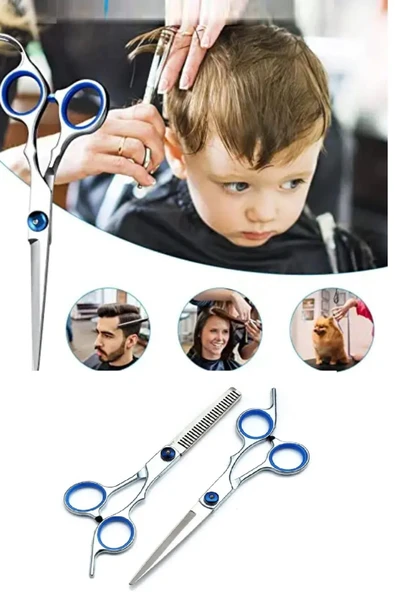 QNİAY Profesyonel Titanium Blue Kuaför Berber 6.5 inç 17 cm Saç Kesim Düz ve Ara Makas Seti - Resim 3