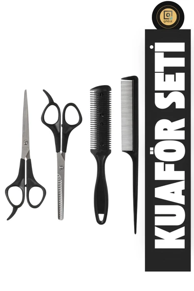 QNİAY Krepe Tarak Makas Seti 4 Parça Ara Makas-Düz Makas-Jiletli Tarak-Krepe Tarağı