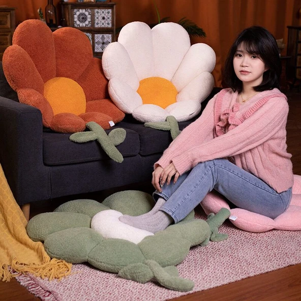 Çiçek Desenli Peluş Minder - Suni Tavşan Tüyü - Pembe - 62x65cm - 9