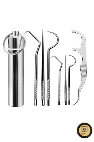 QNİAY Paslanmaz Çelik 7 Parça Metal Kutulu Protez Diş Tartar Temizleme Dental Ağız Bakım Set