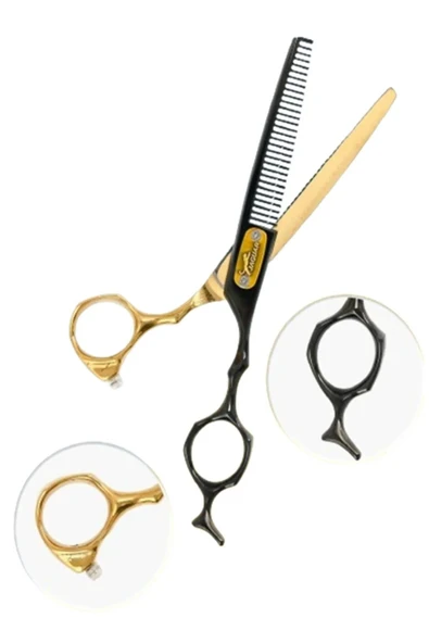 QNİAY 6 Parça Black-Gold Çantalı Saç Kesim Makas Seti Düz ve Ara Makas Saç Tıraş Kuaför Berber - 4
