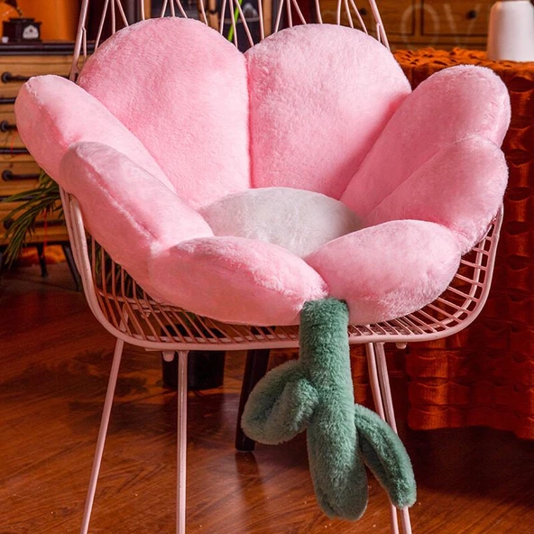 Çiçek Desenli Peluş Minder - Suni Tavşan Tüyü - Pembe - 62x65cm - 8