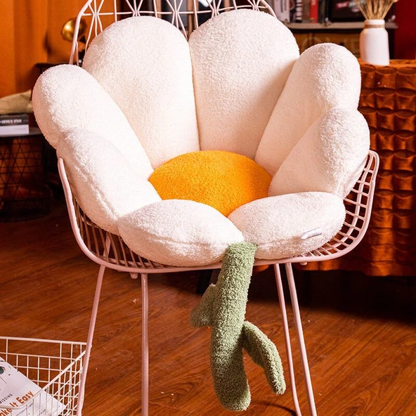 Çiçek Desenli Peluş Minder - Osmanthus Kadife - Beyaz - 72x75cm