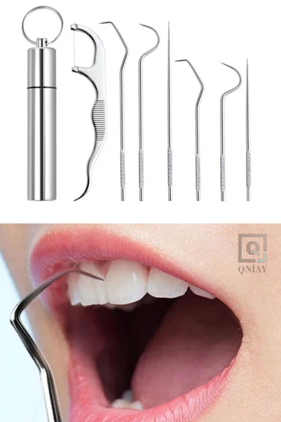 QNİAY Paslanmaz Çelik 7 Parça Metal Kutulu Protez Diş Tartar Temizleme Dental Ağız Bakım Set - Resim 5
