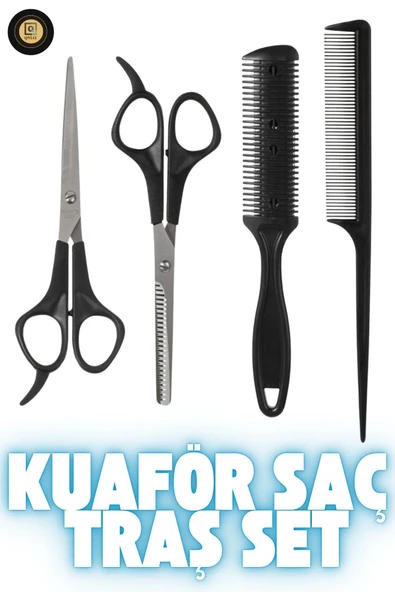 QNİAY Krepe Tarak Makas Seti 4 Parça Ara Makas-Düz Makas-Jiletli Tarak-Krepe Tarağı - 3