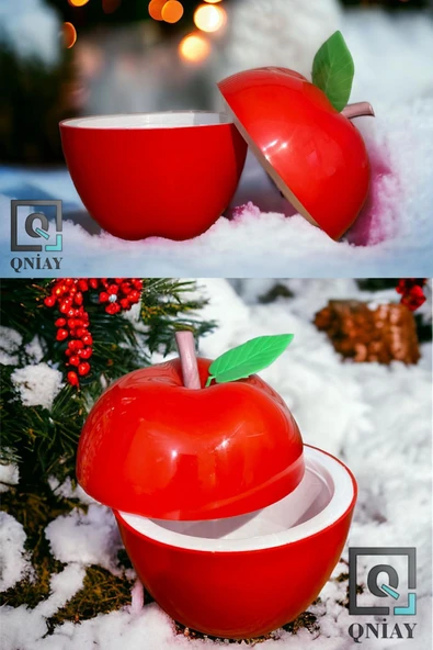 QNİAY Elma Şekerlik Çerezlik Lokumluk Hazneli Dekoratif Hediyelik Kırmızı Plastik Kapaklı Çay Kahve Sunum - 3
