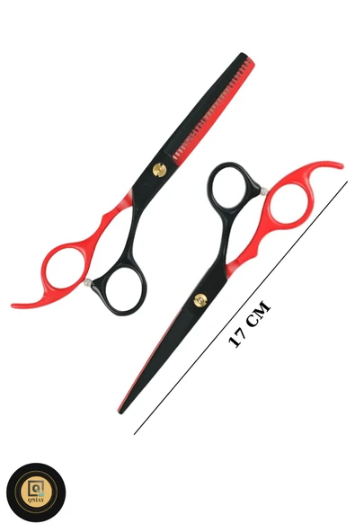 QNİAY 5 Parça Deri Taşıma Çantalı Red-Black Ara ve Düz Makas Seti 6.5 inç Berber Prof Kuaför Kesim Seti - Resim 3