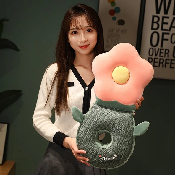 Çiçek Tasarımlı Şekerleme Yastığı ve Matı - Pembe - PP Pamuk - 53cm