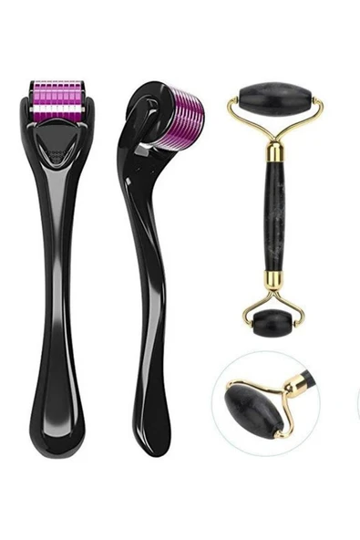 QNİAY Yeşim Taşı Çift Taraflı Siyah Yüz Masaj Aleti +dermaroller 540 Titanyum Iğneli 1.00m ürün görseli