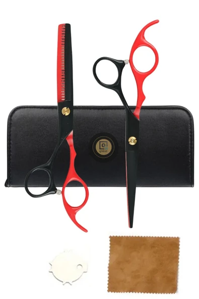QNİAY 5 Parça Deri Taşıma Çantalı Red-Black Ara ve Düz Makas Seti 6.5 inç Berber Prof Kuaför Kesim Seti - Resim 6