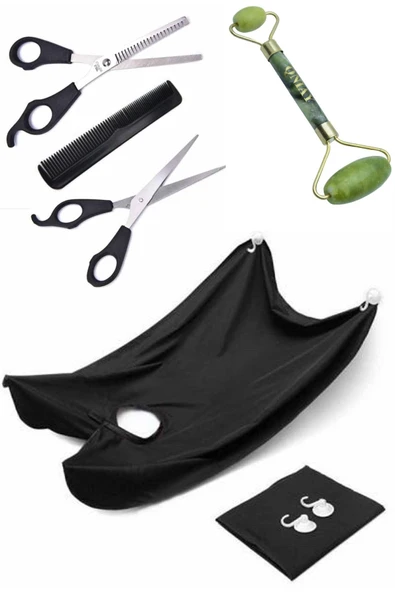 QNİAY 5 Parça Kuaför Seti Saç Kesme Makas + Inceltme Ara Makas + Tarak + Berber Önlüğü +yeşim Taşı Masaj ürün görseli 1