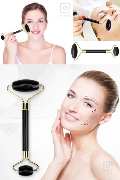 QNİAY Siyah Kuvars (yeşim) Face Roller Ve Masaj Aleti Doğaltaş Premium Yüz Vücut Rahatlatıcı Masaj Taşı