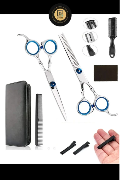 QNİAY 10 Parça 6 inç Gri Ultra Profesyonel Deri Çantalı Berber Kuaför Saç Sakal Bıyık Makas Seti - Resim 3
