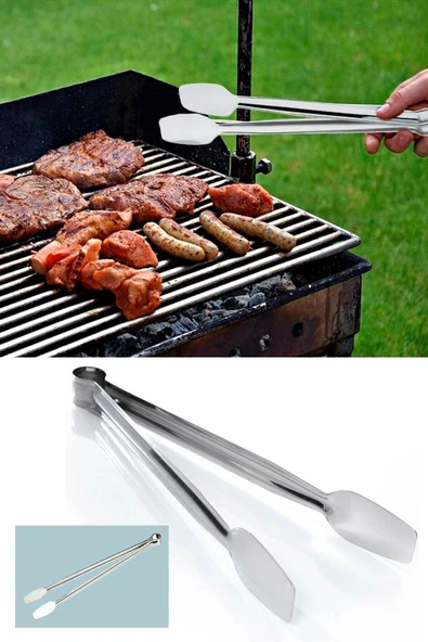 QNİAY Izgara Maşası 26 Cm Barbekü Mangal Maşası Çelik Kamp Gezi Piknik Maşası
