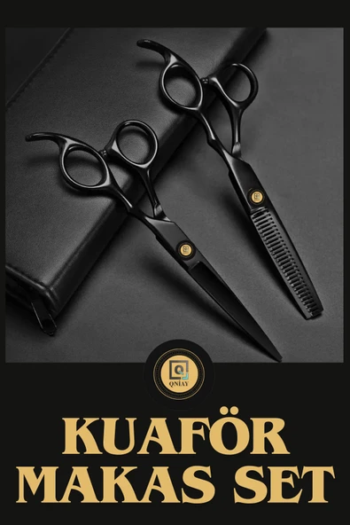 QNİAY Profesyonel Siyah Makas Seti |Düz Makas-Ara Makas| İnceltme Berber Saç Kesme Makası Kuaför Araçları ürün görseli 1
