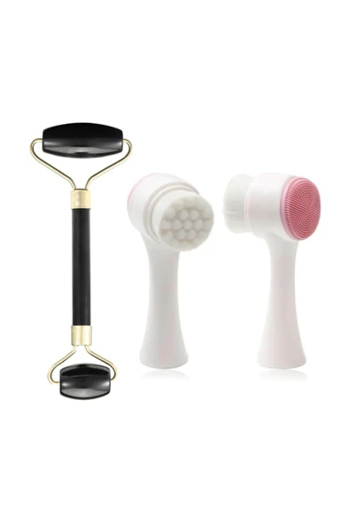 QNİAY Jade Roller Siyah 2'li Yeşim Taşı Masaj Aleti + Silikon Yüz Temizleme Fırçası
