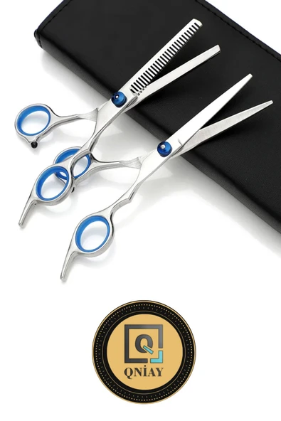 QNİAY Profesyonel Düz ve Ara Makas Set Kuaför Makas Berber Seti Gri-Mavi Saç inceltme Kesim Hair - 4