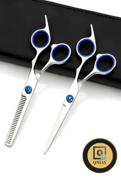 QNİAY Profesyonel Düz ve Ara Makas Set Kuaför Makas Berber Seti Gri-Mavi Saç inceltme Kesim Hair - 6