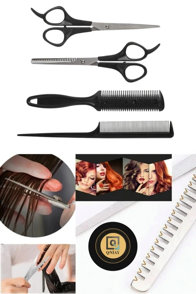 QNİAY Krepe Tarak Makas Seti 4 Parça Ara Makas-Düz Makas-Jiletli Tarak-Krepe Tarağı - 2