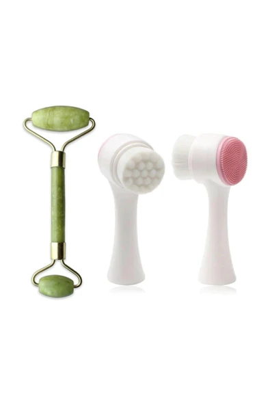 QNİAY Jade Roller 2'li Yeşim Taşı Masaj Aleti + Silikon Yüz Temizleme Fırçası