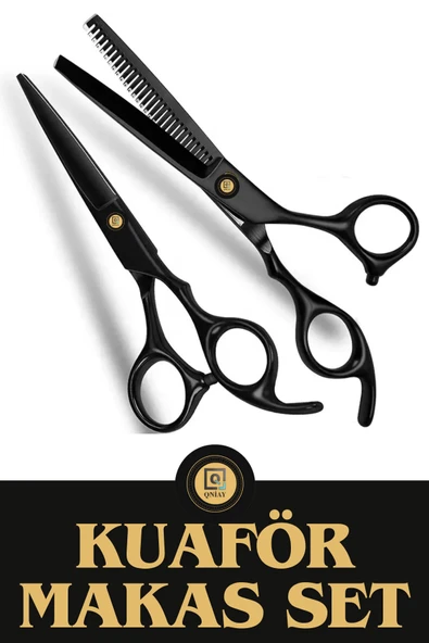 QNİAY Profesyonel Siyah Makas Seti |Düz Makas-Ara Makas| İnceltme Berber Saç Kesme Makası Kuaför Araçları - Resim 2