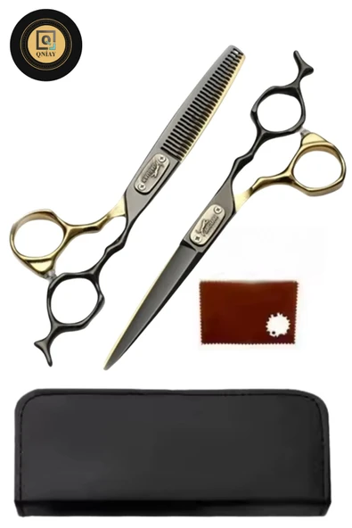 QNİAY 6 Parça Black-Gold Çantalı Saç Kesim Makas Seti Düz ve Ara Makas Saç Tıraş Kuaför Berber - 3
