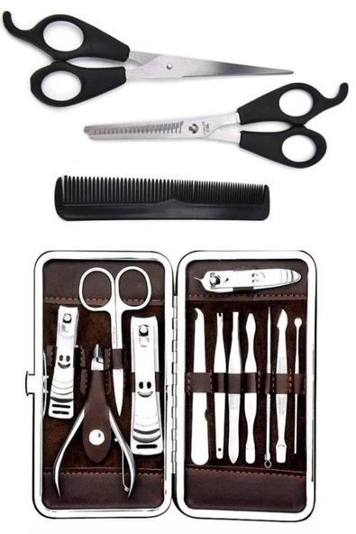 QNİAY Kuaför Saç Kesme Seti Berber Makası Ara Makas Tarak Pedikür Set 12 Parça